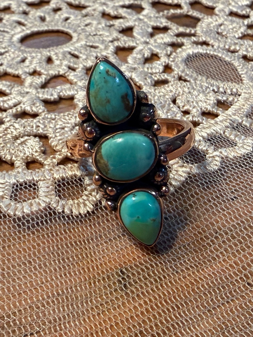 Mojave Turquoise Triple-Stone Women’s Copper Ring - Adjustable